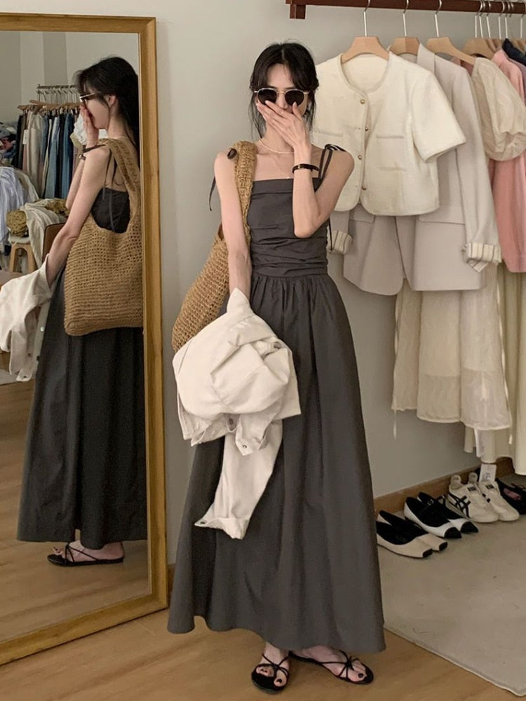 Dress Women Sleeveless A-line Holiday Leisure Pure Chic Sexy Elegant Princess Korean Style Sweet Young Lady Ankle-length Vestido