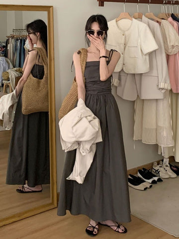 Dress Women Sleeveless A-line Holiday Leisure Pure Chic Sexy Elegant Princess Korean Style Sweet Young Lady Ankle-length Vestido