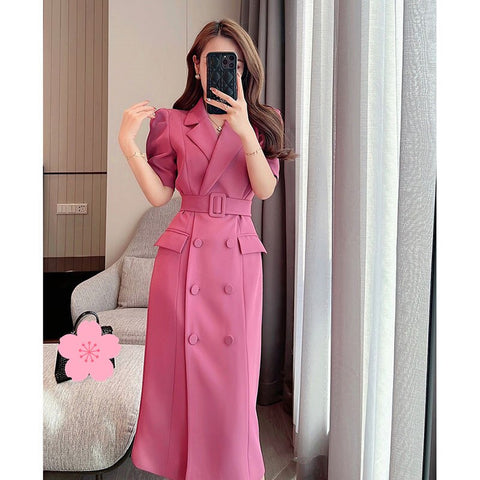 Work Style Ol Temperament Solid Dress Women Turn Down Collar Short Sleeve Summer  Dress