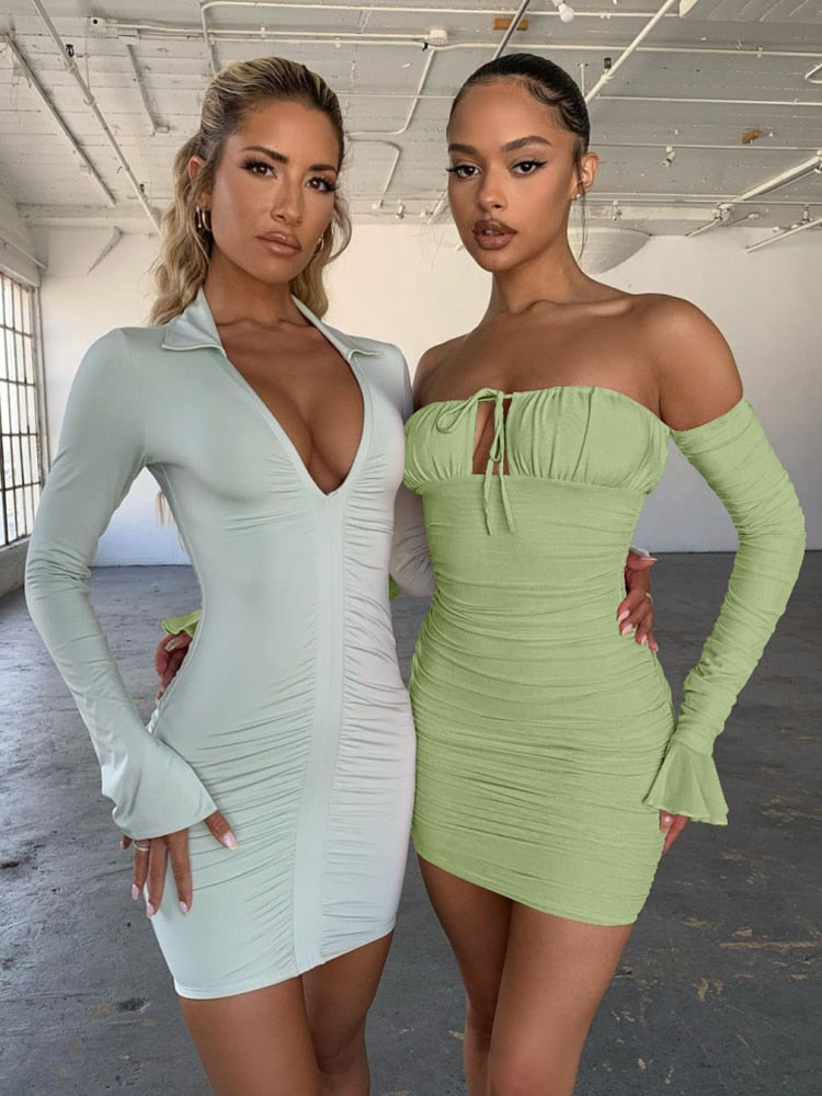 Sexy Boob Tube Top Lade-up Push Up Long Sleeve Dress Flounce Sleeve Bodycon Ruched Mini Dress Women Off Shoulder Dresses