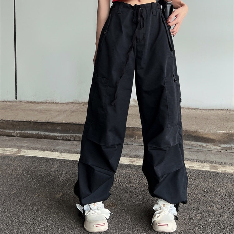 Y2K Green Low Waist Cargo Parachute Pants Women Hip Hop Streetwear Oversized Drawstring Wide Leg Trousers Harajuku Retro