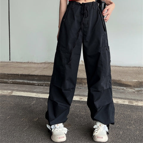 Y2K Green Low Waist Cargo Parachute Pants Women Hip Hop Streetwear Oversized Drawstring Wide Leg Trousers Harajuku Retro