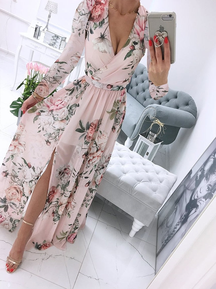 New Sexy V-Neck Women Sleeveless Solid Party Dress Casual Draped Festive Dress Elegant Summer Chiffon Wrap Slit Maxi Dress Mujer