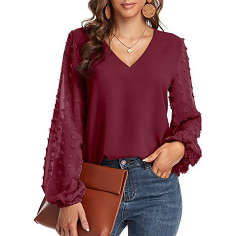 Solid Women Blouse Spring Fashion V Neck Long Sleeve Elegant Office Work Shirts Tops Lady Plus Size Casual Chiffon Blouses