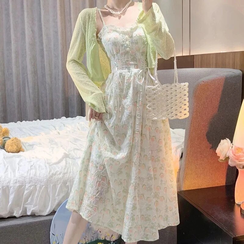 Spring Summer Elegant Y2k Midi Dress Women Casual Lace One Piece Dress Korean Sweet Vintage Floral Dress Party 2 Piece Set