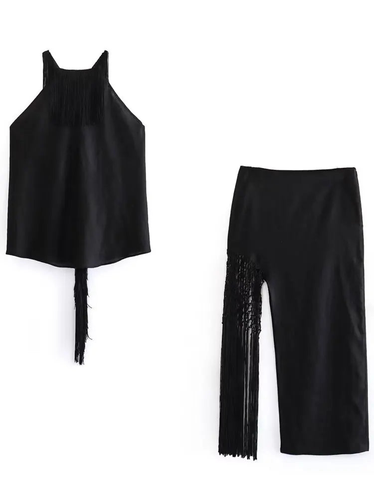 Tassel Hollow Out Maxi Skirt Sets Female Black Summer Sexy 2 Piece-Set Backless Lace-Up Crop top And Long Skirt Outfits