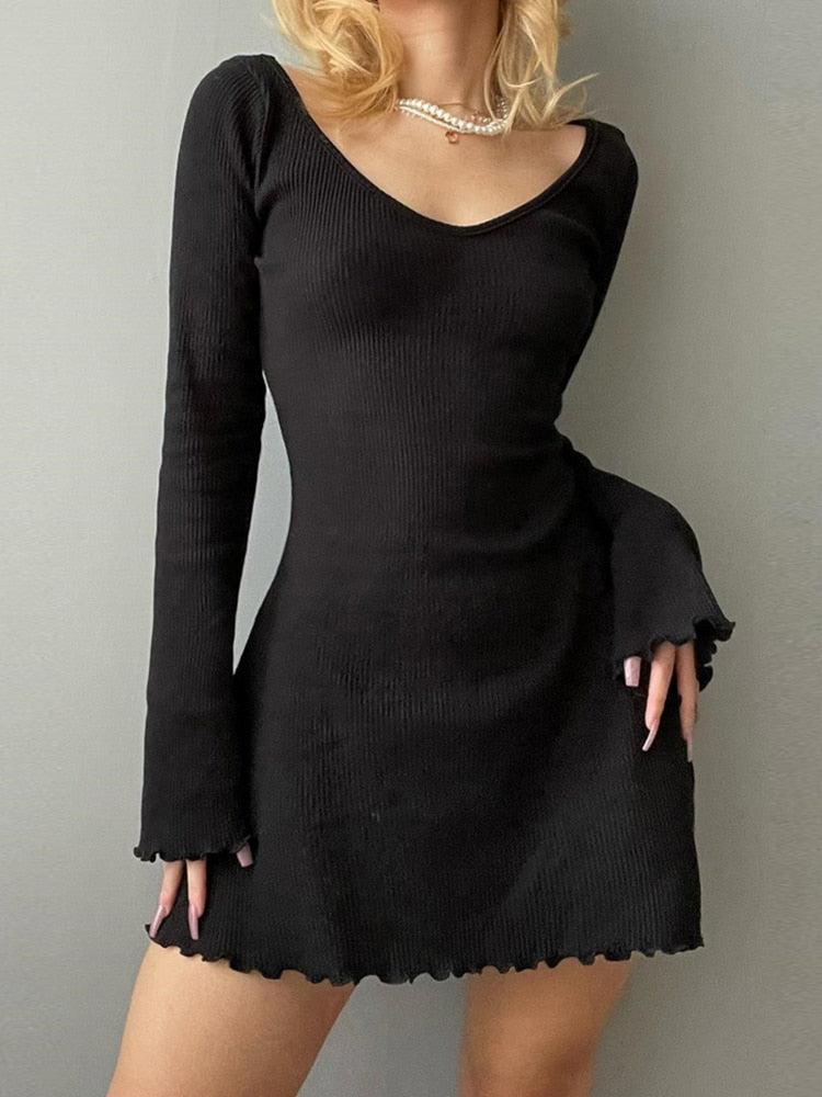 Backless Chic Solid Long Sleeve Autumn Dress Women Korean Fashion Basic Mini Dresses Slim Elegant Clothes Ladies Robe