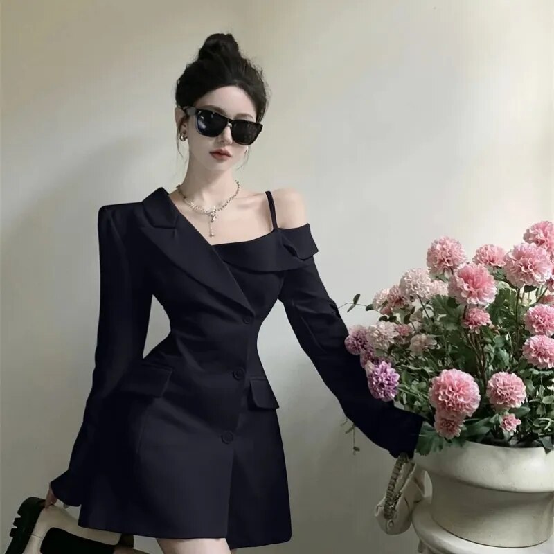 Chic Korean Fashion Dress Women Elegant Temperament Off Shoulder Dresses Spring 2023 Irregular Slim Button Up Blazer Dress