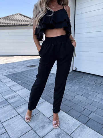 Elegant Casual Solid Two Piece Set New Women V Neck Ruffles Sling Tops+Elastic Waist Long Harem Pants Summer Fashion Chic Outfit