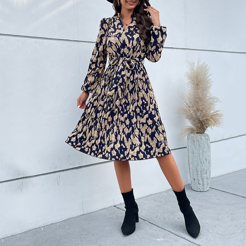 M New Fashion Women's Spring Pleated Print V Neck Long Sleeve Dress For Ladies Lace Up High Waist Dresses