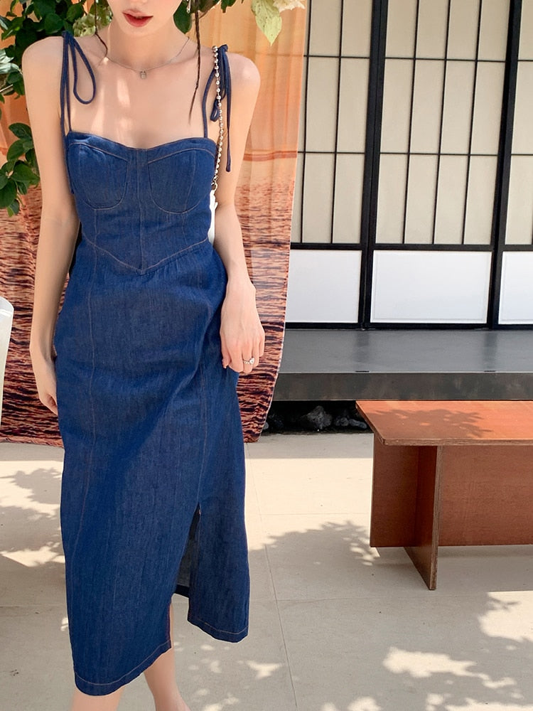 Summer Women Sexy Slip Denim Dress Fashion Strapless Lace-up High Waist Dress Lady Slim A-line Jean Dress