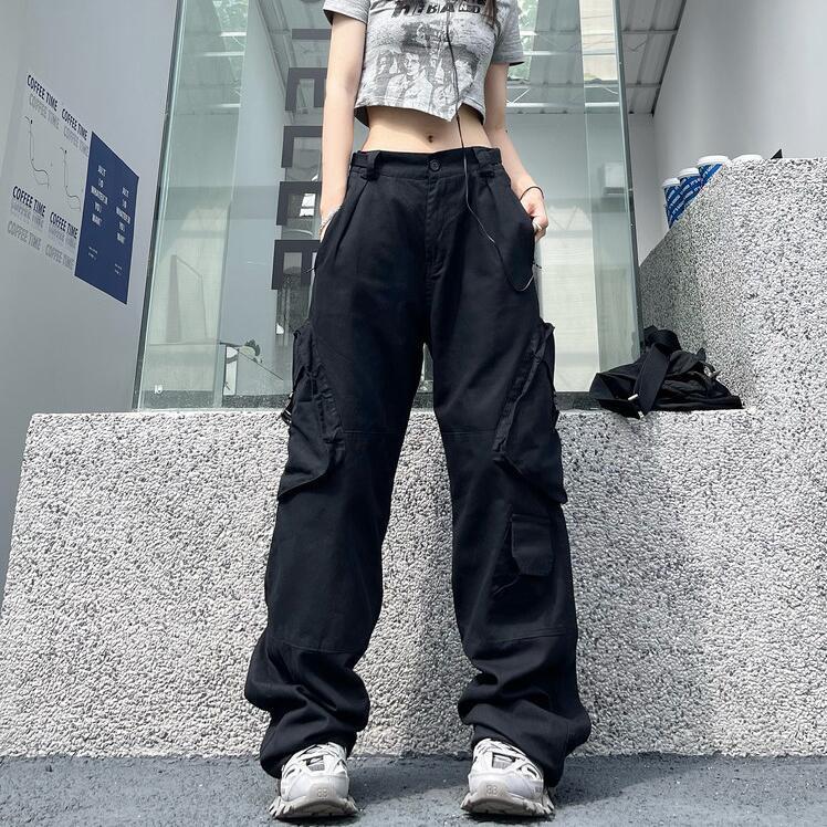 Y2K Khaki Cargo Parachute Pants Women Harajuku Korean Fashion Oversized Gray Wide Leg Trousers Female 90s Retro Tactical