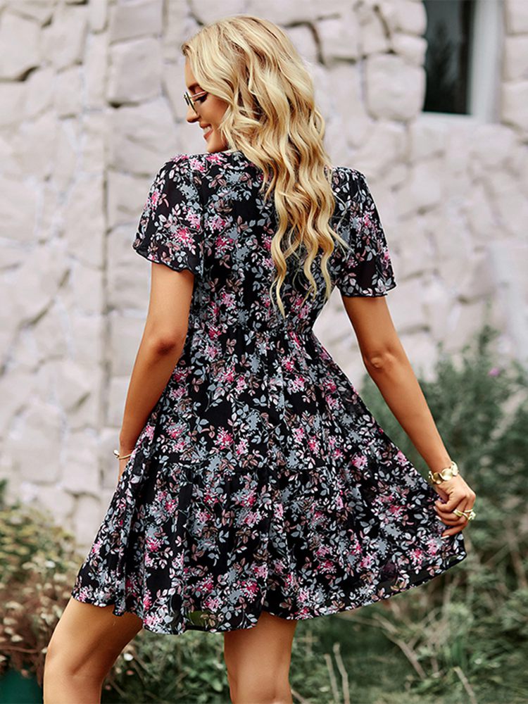 Fashion Floral Dress Women Spring Autumn V Neck Short Sleeve Loose Chic Printed Dresses