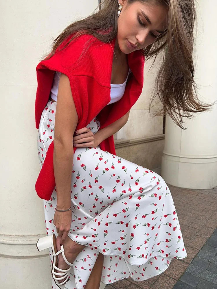 Cherry Printed Skirt Women Spring High Waist A-shaped Fish Tail Skirts Elegant Fashion Patchwork Loose Long Skirt New