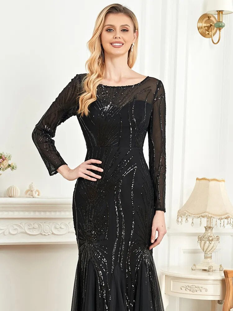 Lucyinlove Elegant Long Sleeves Sequin Tulle Evening Dresses Women Luxury Mermaid Formal Bridesmaid Party Maxi Prom Dress