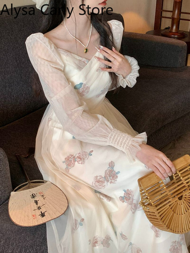 Mesh Vintage Long Sleeve Midi Dress Women Casual Korean V-neck Long Fairy Dresses Elegant Women's Dresses for Party Autumn