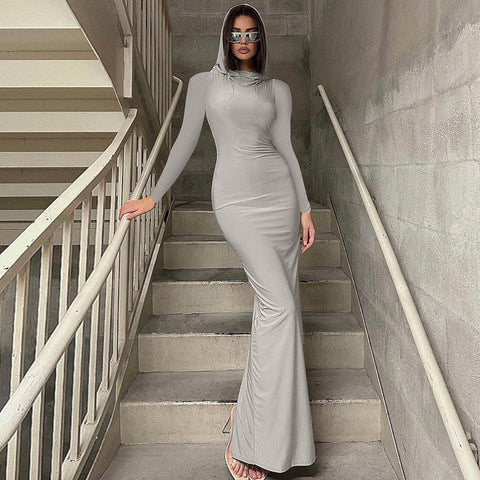 Hooded Long Sleeve Maxi Dresses For Women Tight Black Long Dress Plain Bodycon Autumn Winter Dress