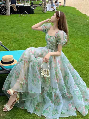 French Vintage Floral Midi Dress Women Organza Elegant Casual Party Fairy Dress Casual Holiday Princess Dress Women Spring