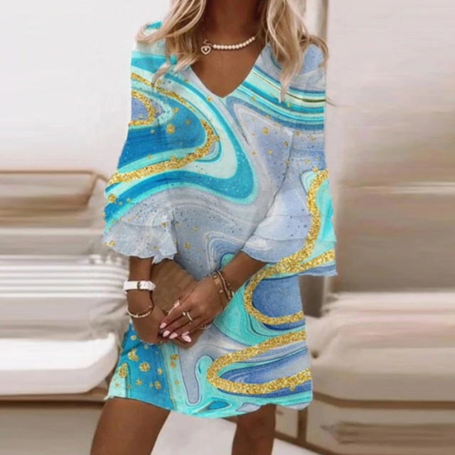 Pbong mid size graduation outfit romantic style teen swag clean girl ideas 90s latina aesthetic Women Fashion A-Line Dress Vintage Marble Print Flare Sleeve V-Neck Loose Mini Dress Female Summer Elegant Beach Dress Vestidos