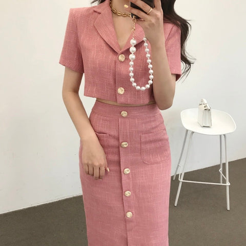 Fashion Korea Elegant Lapel Thin Tweed Small Suit Short Jacket + High Waist Chic Button Slim Womens Two Piece Skirt Sets Summer