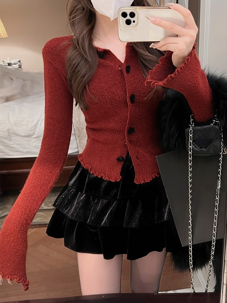 Spring Red Knitted Cardigan Women Long Sleeve Slim Sweater Office Lady Outwear Y2k Crop Tops Female Korean Fashion Clothing