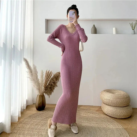 Elegant Solid Women Knitted Dress Simple Korean Slim Long Sleeve Ankle Length Dress Casual V Neck Office Ladies Chic Dress