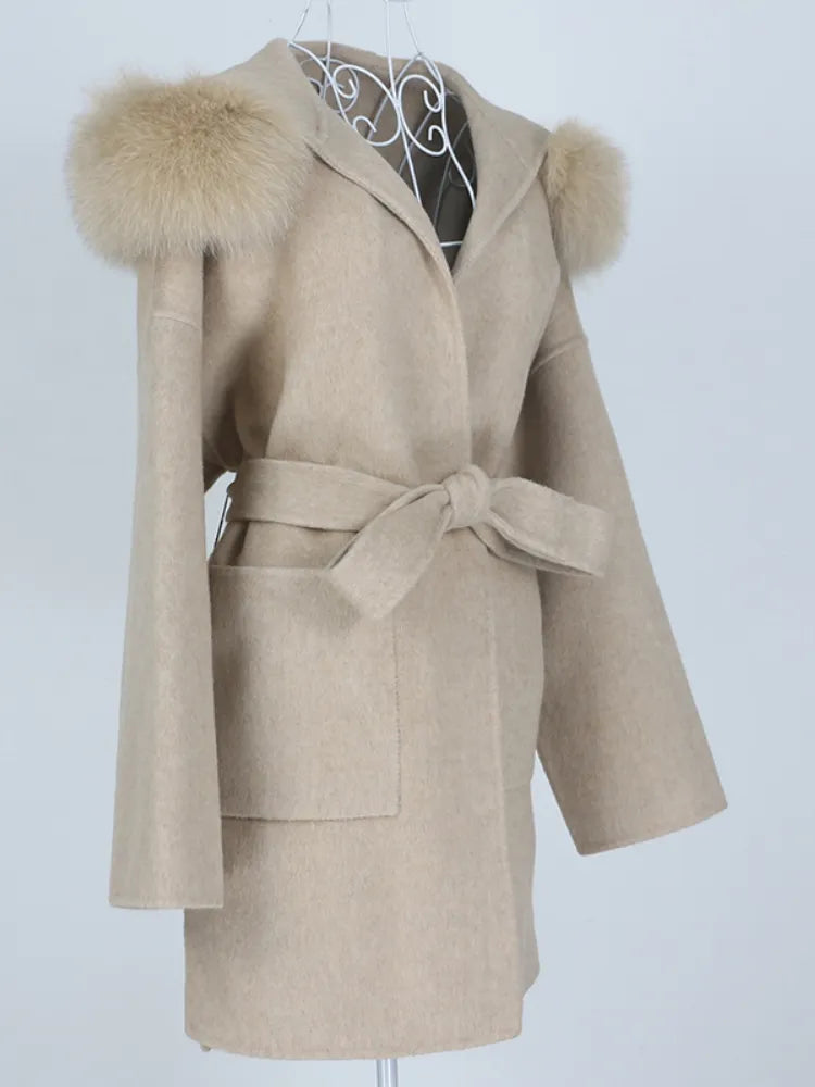 New Oversize Loose Cashmere Wool Blends Real Fur Coat Winter Jacket Women Natural Fox Fur Collar Hood Outerwear Belt