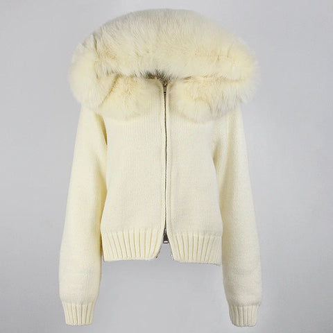 Fashion Autumn Winter Casual Hooded Real Fox Fur Collar Fashion Short Knitted Jacket with Natural Fur Coat for Women