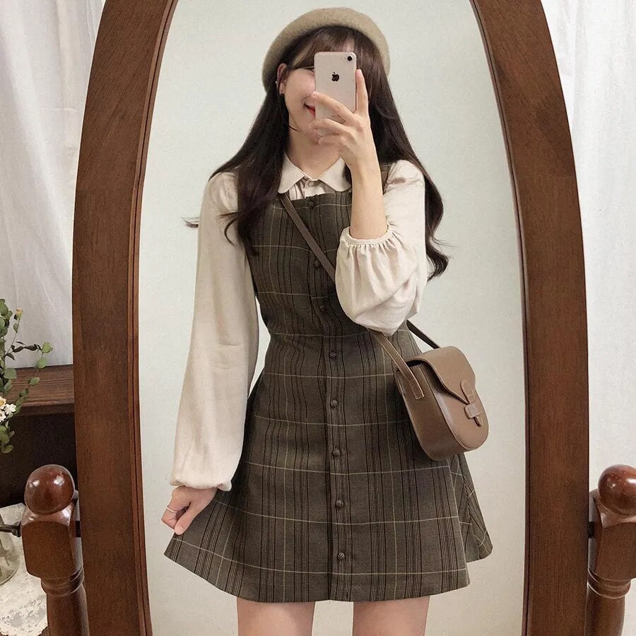 Cute Mini New Year Date Dresses Sleeveless Vest Women Korea Japanese Style Design Retro Vintage Plaid Button Shirt Dress 11021