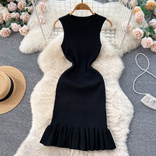 Chic Sexy Sleeveless Bodycone Mermaid Dress Elastic Knit Elegant Vestidos Vintage Summer Women Beach Vacation Fishtail Dresses