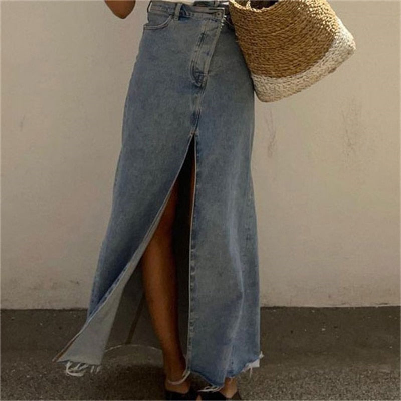 Casual High Waist Denim Skirts Women Spilt Out Maxi Jean Skirt Summer Holiday Long Skirts