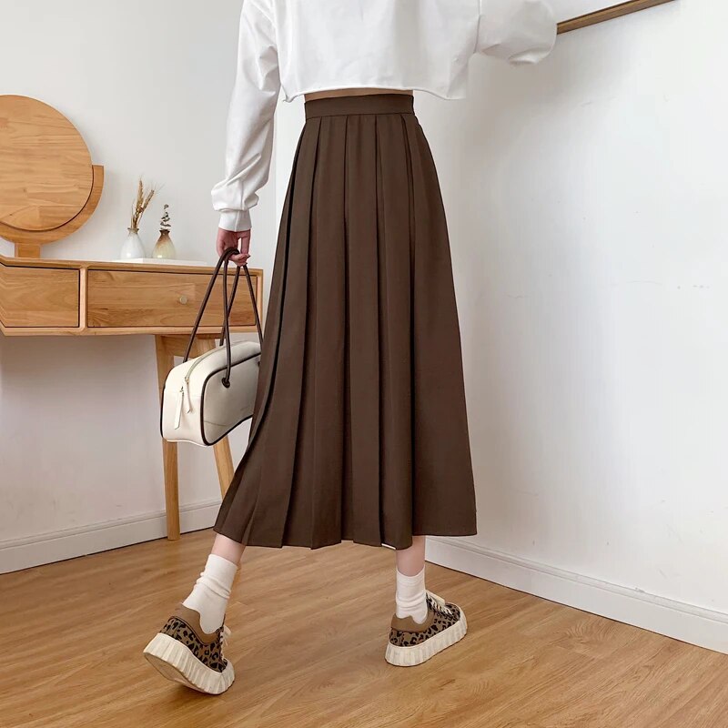 Vintage Brown Pleated Long Skirts Women Korean Fashion High Waist Chic Elegant A-line Midi Skirt for Girls Preppy Style