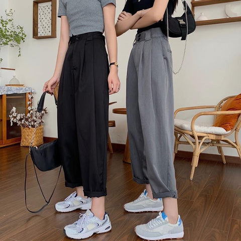 Fashion Loose Streetwear Women Wide Leg Pants Summer Elastic High Waist Suit Pants Retro Solid Black Female Trousers New S - 4XL