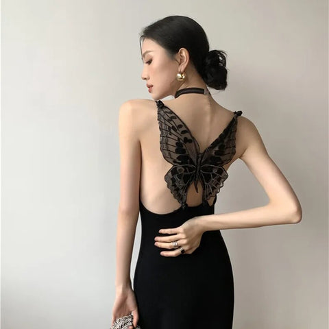 Backless Butterfly Elegant Long Sexy Dress Women Summer Spaghetti Strap Black Bodycon Ladies Midi Night Club Dress