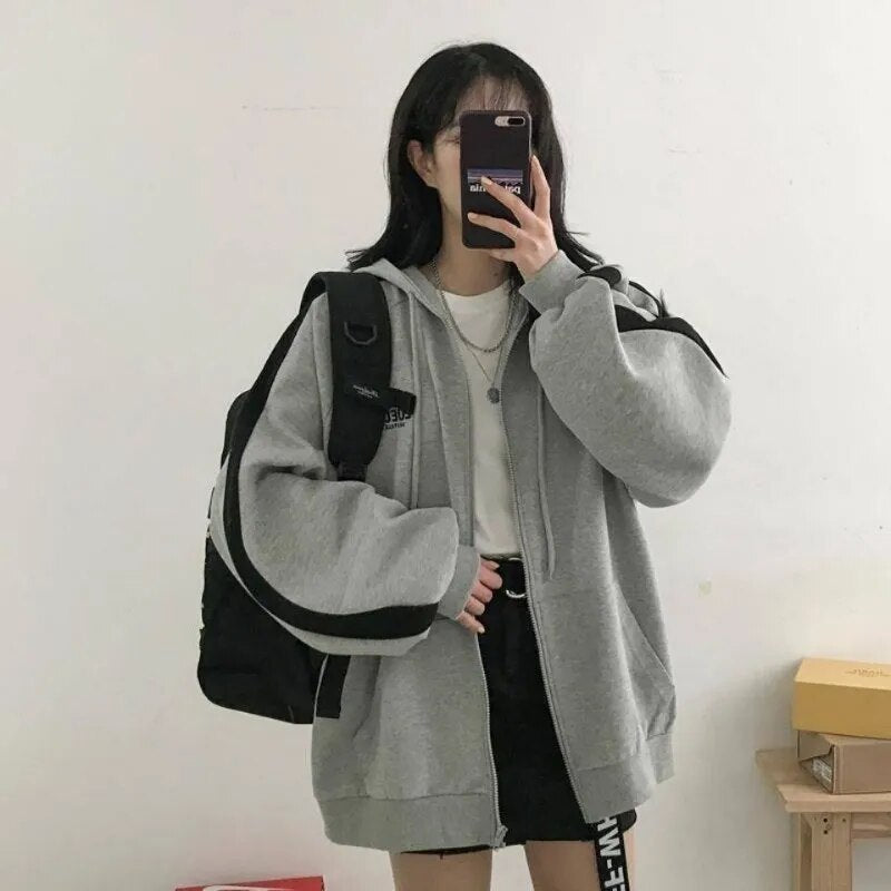 Korean Style Zip Hoodie Women Autumn Harajuku Loose Long Sleeve Patchwork Oversized Hoodie Casual School Clothes