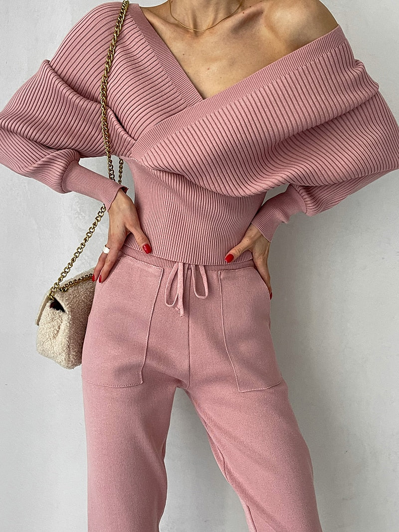 Sexy Off Shoulder Knitted Two Piece Set Women Long Sleeve Sport Tracksuit 2 Piece Sweater Pants Suits Matching Sets For Women