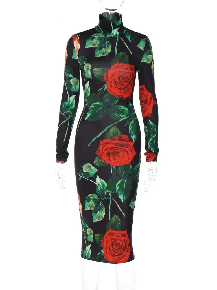 Women Long Sleeve Bodycon Streetwear Party Club Floral Midi Dress Fall Clothing Wholesale Items For Business