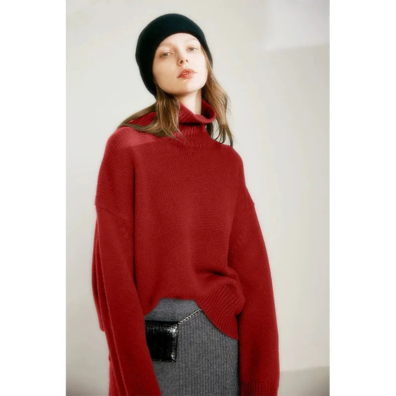 Europe United States autumn winter new high collared pure goat sweater female thick loose pullover sweater knitting base sweater