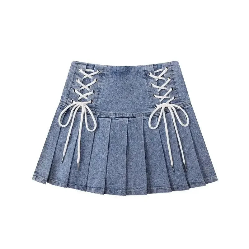 Korean Chic Blue Denim Skirt for Women Summer New High Waist A-line Skirts Y2k E-Girl Drawstring Bow Faldas Mujer