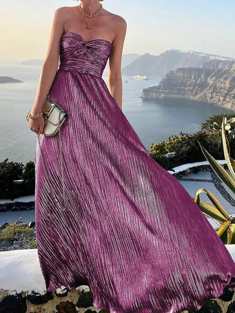 Sexy Twist Strapless Hollow Out Long Dress Women Boho Elegant Bronzing Evening Dress Fashion Sleeveless A-Line Party Dress