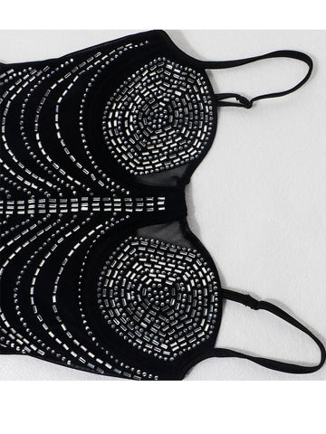 Sparkle Black Rhinestone Fringe Bodysuit Mini Dresses Women Summer Glam Mesh Sequins Short Party Dress Birthday Outfits