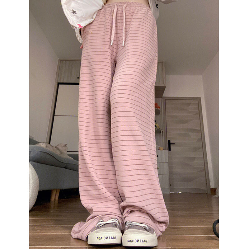 Korean Fashion Pink Pants Women Harajuku Sweet Striped Wide Leg Trousers Female Oversized Girly Basic Pantalones Summer