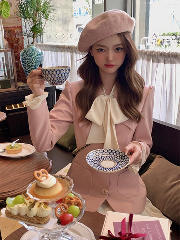 Winter Elegant Two Piece Set Women Korean Fashion Bow Sweet Party Dress Set Female Long Sleeve France Chic Mini Dress Suit