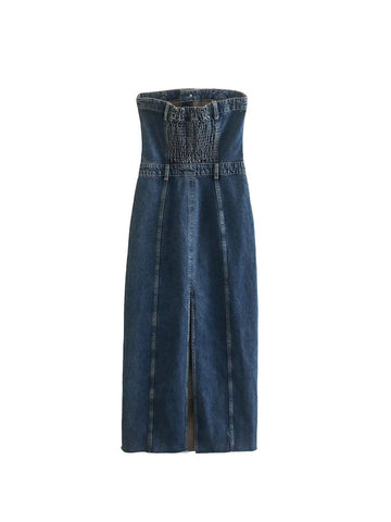 Front Split Hip Wrap Women Denim Dress Elegant Slim Fit Female Sexy Strapless Dress Buttons Bodycon Midi Dresses