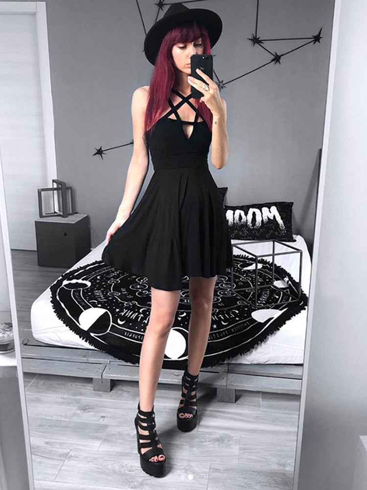 Pbong mid size graduation outfit romantic style teen swag clean girl ideas 90s latina aesthetic Fitshinling Pentagram Strap Gothic Dress Women Punk Grunge Sexy A-Line Dark Summer Dresses Hot Sale Pleated Slim Street Style