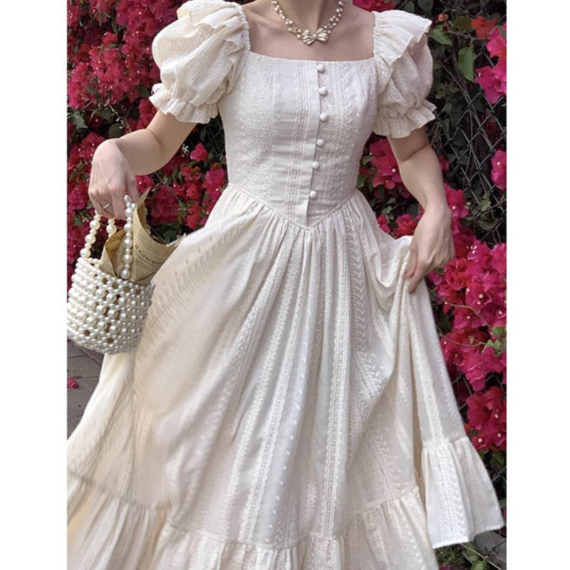 Elegant Square Collar White Dress Summer Fashion Puff Sleeve Ruffle Dress for Women Chic Vintage Maxi Dresses New