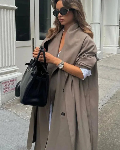 Lapel Collar Long Sleeve Women Long Coat With Scarf Double Breasted Oversized Loose Female Overcoat Chic Autumn Winter Top