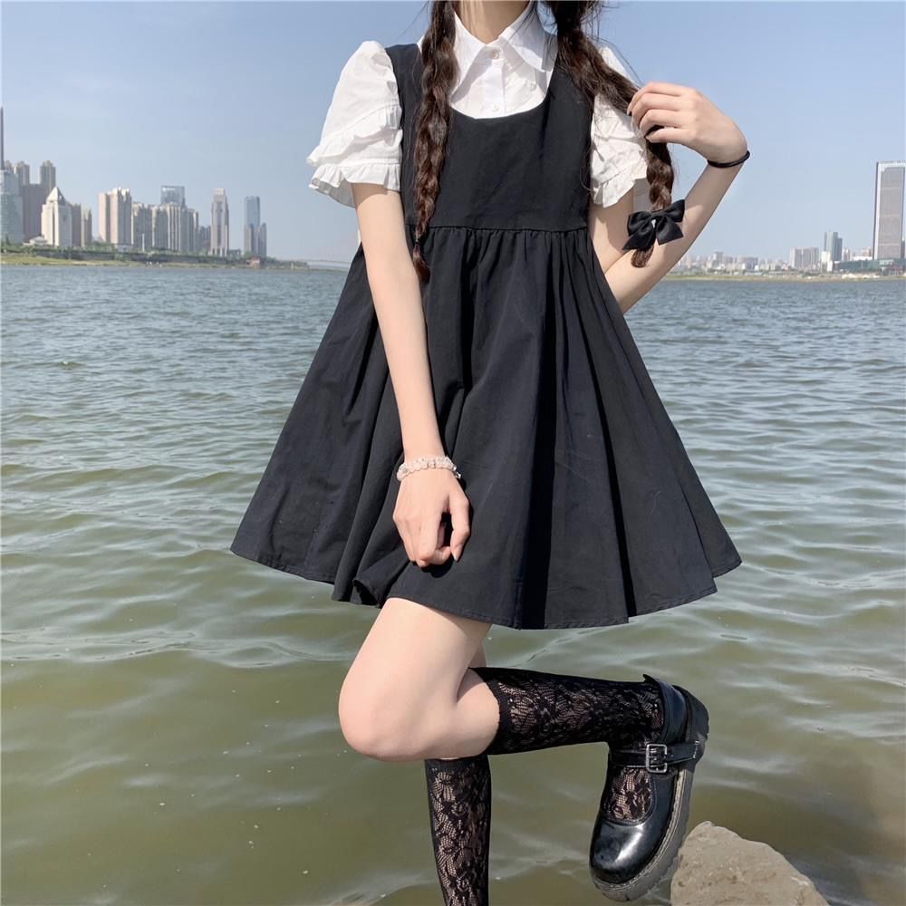 One Piece/Set Summer Retro Petal Sleeve Shirt+Sweet High Waist Strap Dress Two Piece Set Women's Fashion