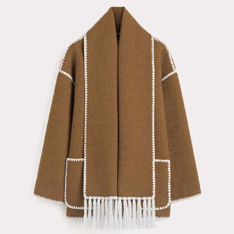 Fashion Loose Wool Coat With Scarf Women Elegant Pockets Long Sleeve Warm Jacket Lady Winter Single Breasted Thick Outwear