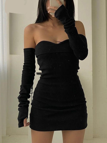 Fashion Off Shoulder Sexy Autumn Dress Female Long Sleeve Bodycon Solid Basic Casual Black Dresses Slash Neck Clothes